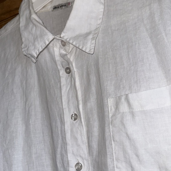 Allen Allen White 100% Linen Roll Tab Sleeves Button Down Top - Picture 2 of 10